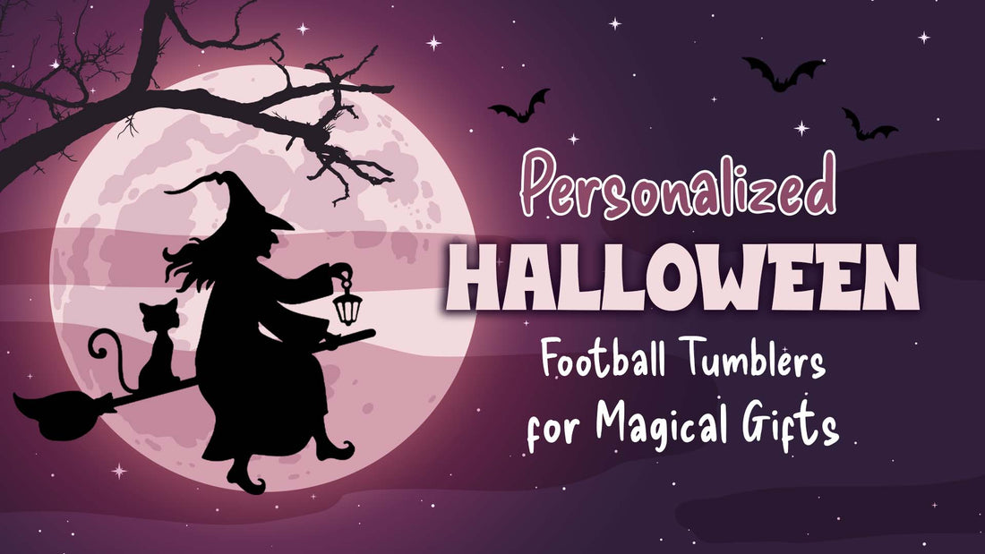 Personalized Halloween football tumblers promotional image with witch, cat, and full moon background