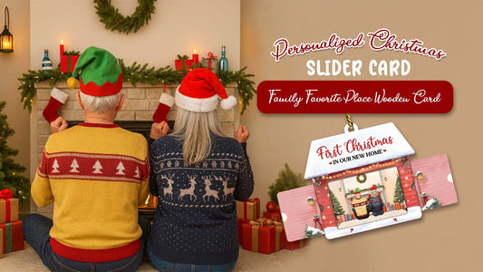 Personalized Christmas Slider Card Showcasing Family Favorite Place Wooden Card by a Cozy Fireplace