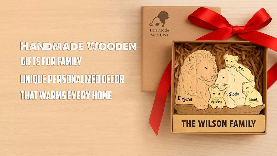Personalized wooden home decor ideas featuring a handmade family lion figurine set with custom names in a gift box
