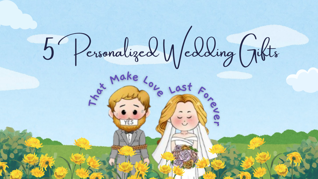 Illustration of bride and groom in a sunflower field with text about personalized wedding gifts