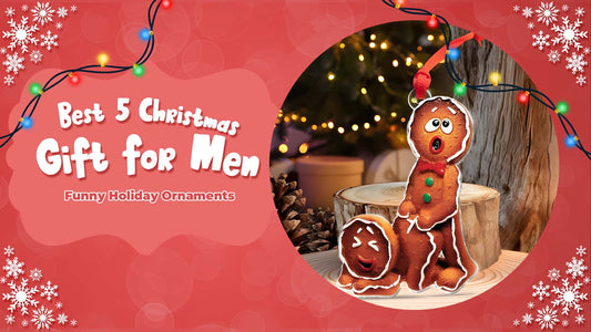 Festive gingerbread man ornaments on wooden stand with Christmas lights and pinecones for Christmas Gift for Men ideas