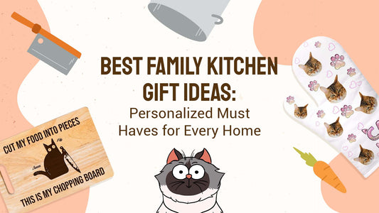 Banner showing cat themed chopping board oven mitt utensils and cartoon cat highlighting best family kitchen gift ideas