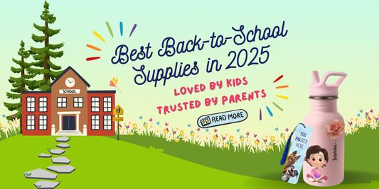 Illustration of a school building with text promoting the best back-to-school supplies 2025 loved by kids and trusted by parents