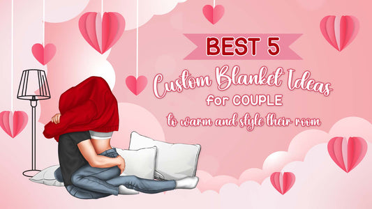 Couple cuddled under a red Custom Blanket on a bed with pink heart decorations and white pillows romantic scene