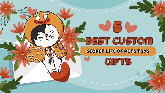 Cartoon cat in gingerbread costume with flowers promoting top 5 custom Secret Life of Pets toy gifts.
