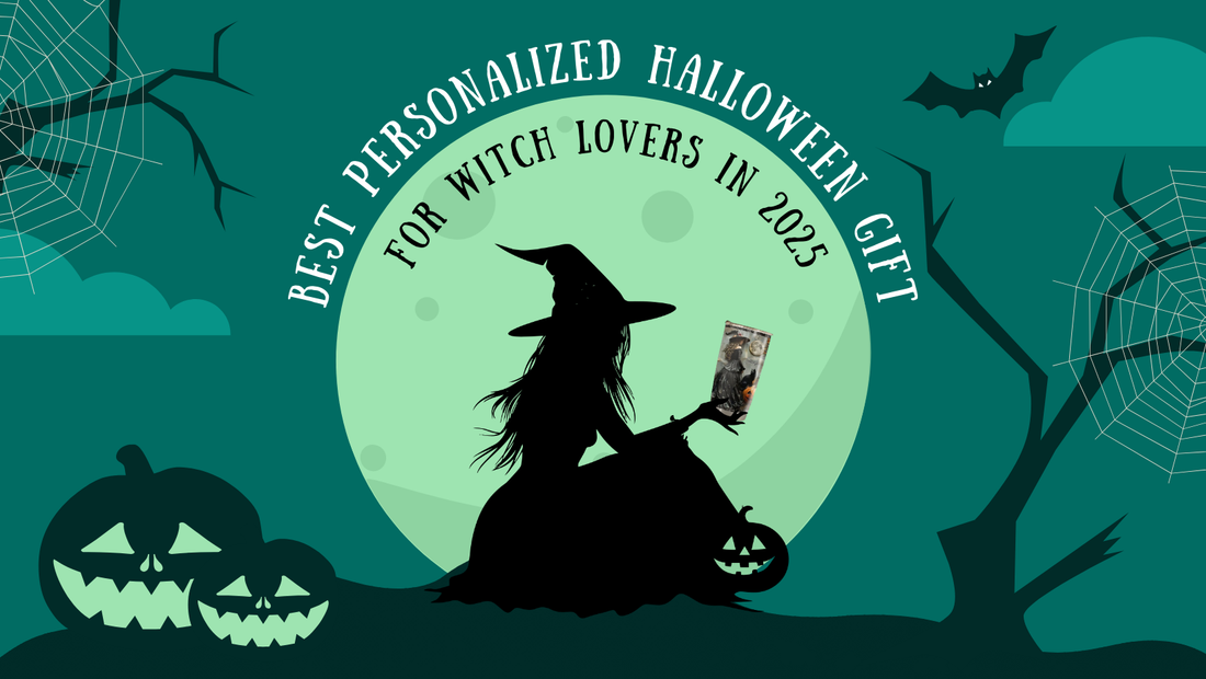 Silhouette of a witch holding a book with pumpkins and bats for a personalized Halloween gift