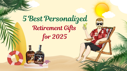 5 Best personalized retirement gifts 2025 with a relaxed man in a tropical scene and gift bottles on sand