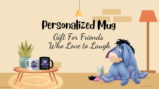 Personalized mug gift for friends with cartoon donkey and cozy room design.