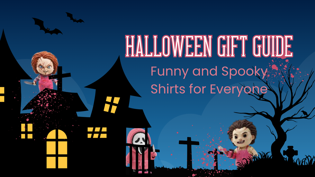 Halloween gift guide banner with spooky house and cartoon characters.