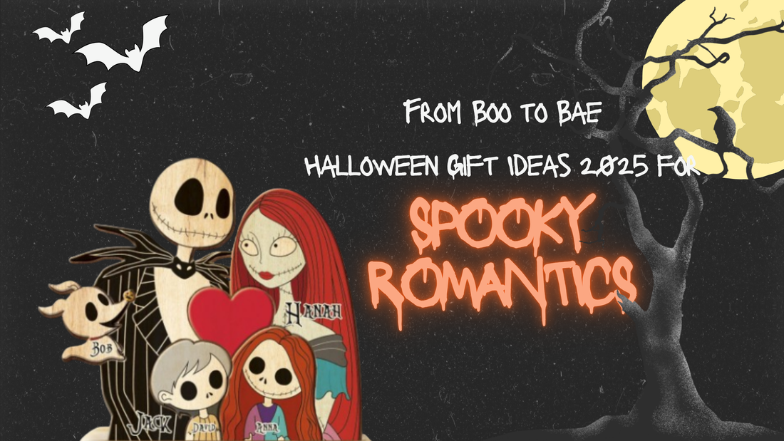 Halloween gift ideas 2025 for spooky romantics featuring a Halloween-themed family with bats and full moon