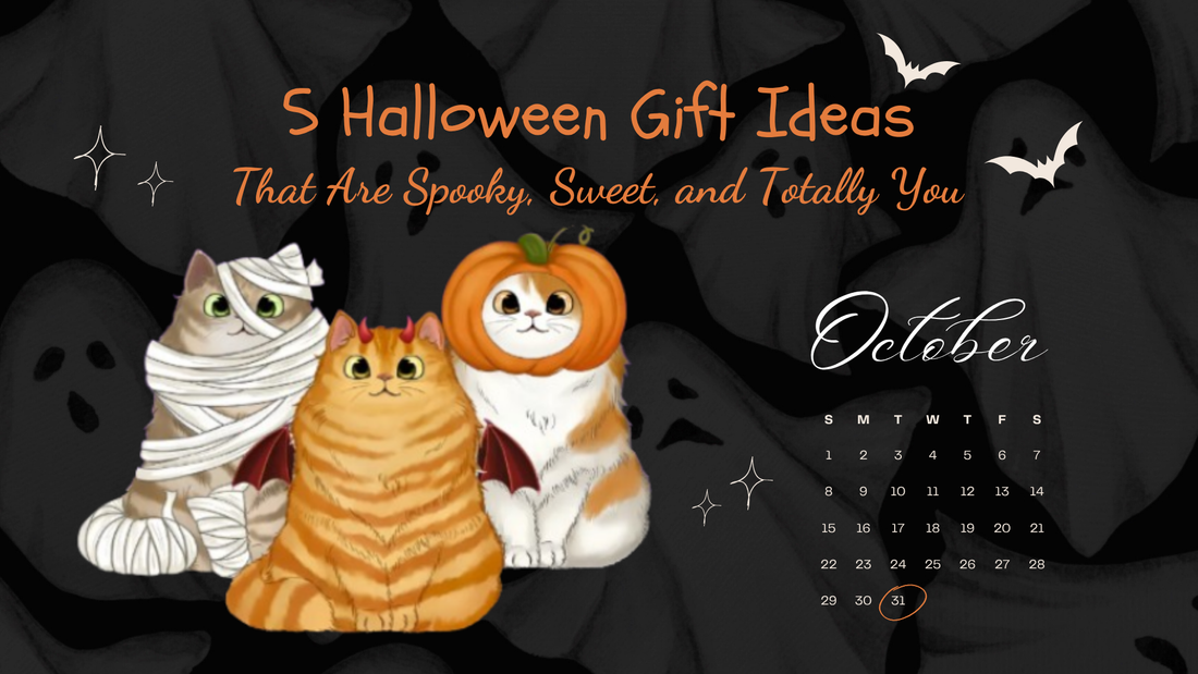 Cute cats dressed in Halloween costumes with bats and ghost decorations for Halloween gift ideas