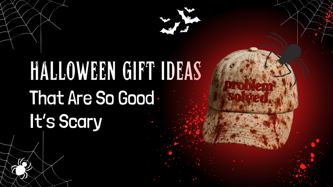 Halloween Gift ideas banner with spooky hat, spider webs, bats, and themed Halloween decorations
