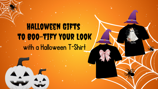 Fun Halloween T-shirts with pumpkins, spider webs, and witch hats on orange background.