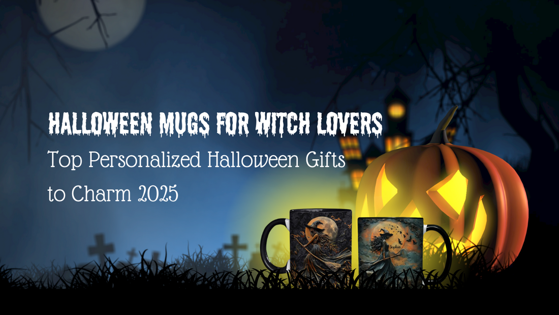 Two personalized Halloween mug designs featuring spooky scenes, displayed with a glowing jack-o-lantern at night