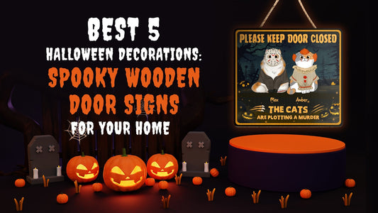 Halloween Decorations featuring spooky wooden door signs, jack o lanterns, tombstones, and a cat warning sign