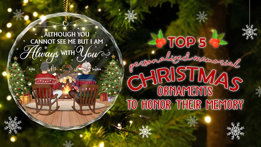 Round Memorial Christmas Ornament with two people in rocking chairs by a fireplace and memorial text