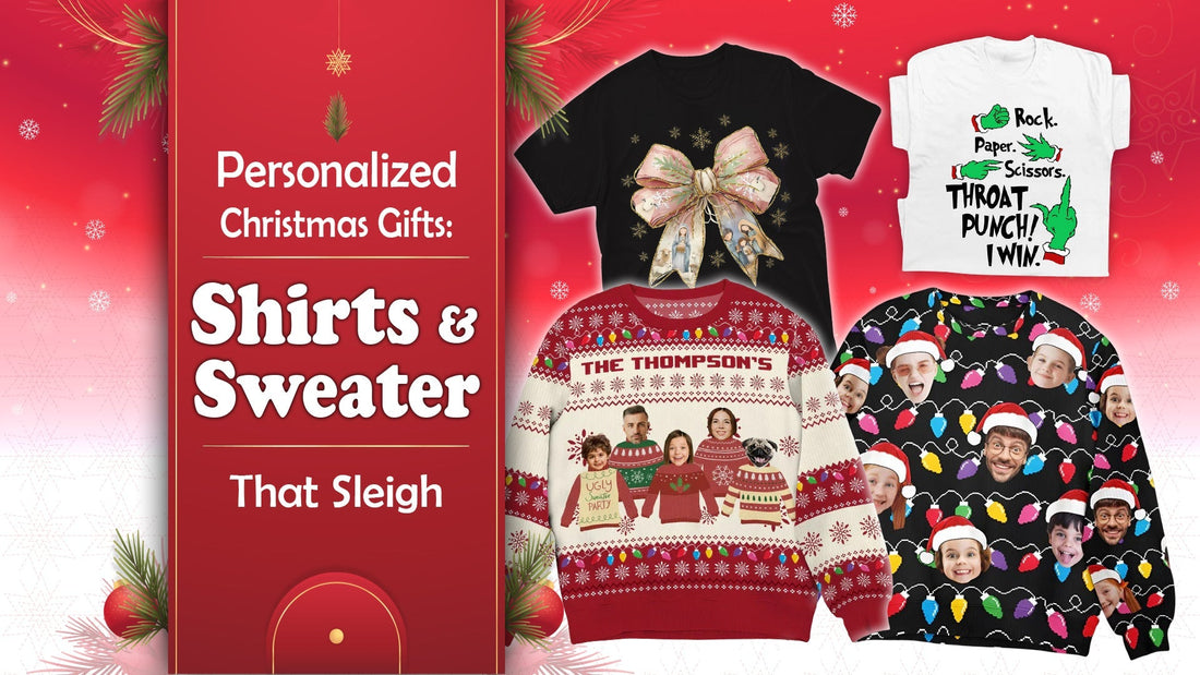 Personalized Christmas Gifts Set with festive shirts and sweaters featuring holiday designs and custom family name