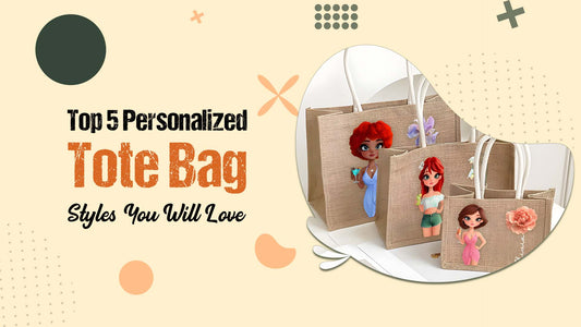 Banner showing three jute bags with cartoon characters and flowers and text Top 5 Personalized Tote Bag styles