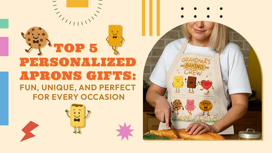 Woman wearing a Grandma Baking Crew apron with cartoon cookies and headline promoting Top 5 Personalized Aprons Gifts