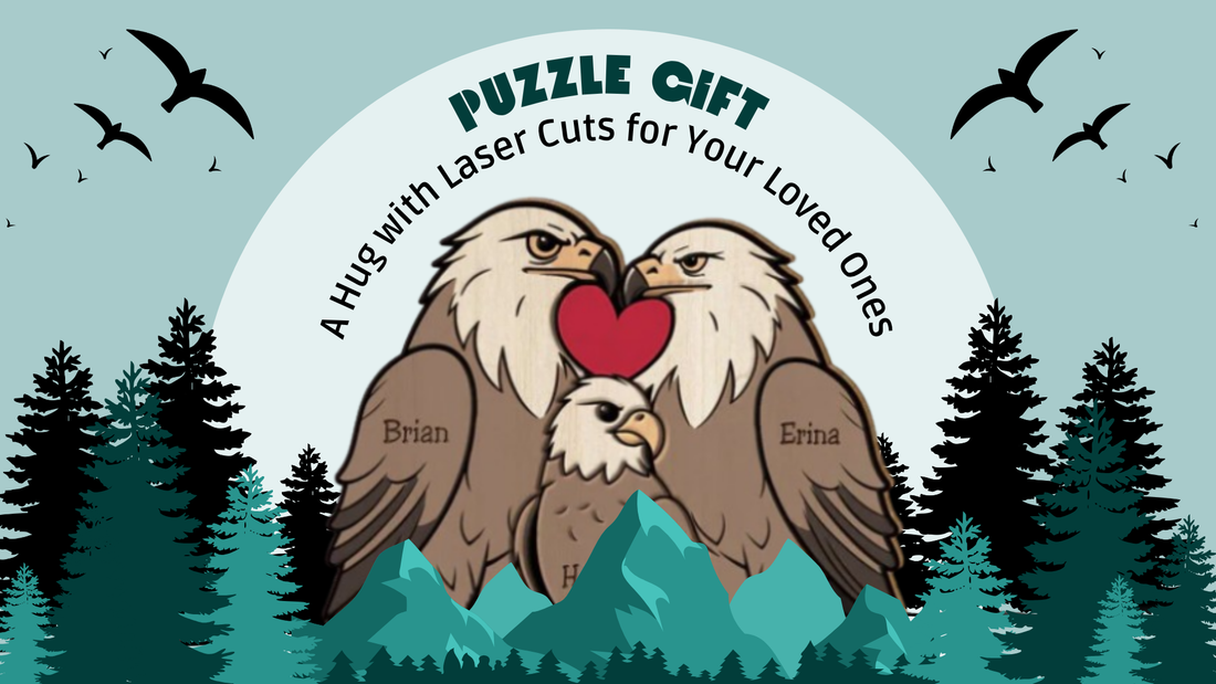 Eagle family puzzle gift with heart and names, forest background.