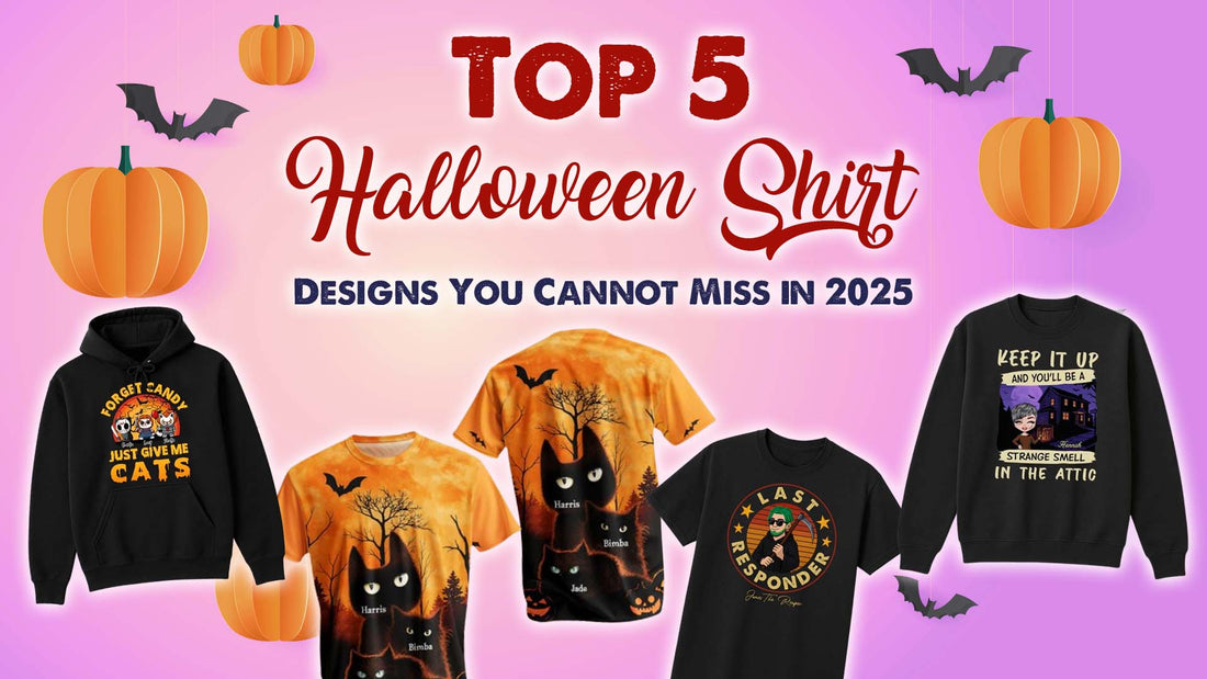 A graphic titled Top 5 Halloween Shirt Designs featuring various spooky shirts for the holiday.