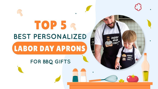 Father and child wearing personalized aprons for Labor Day BBQ gifts.
