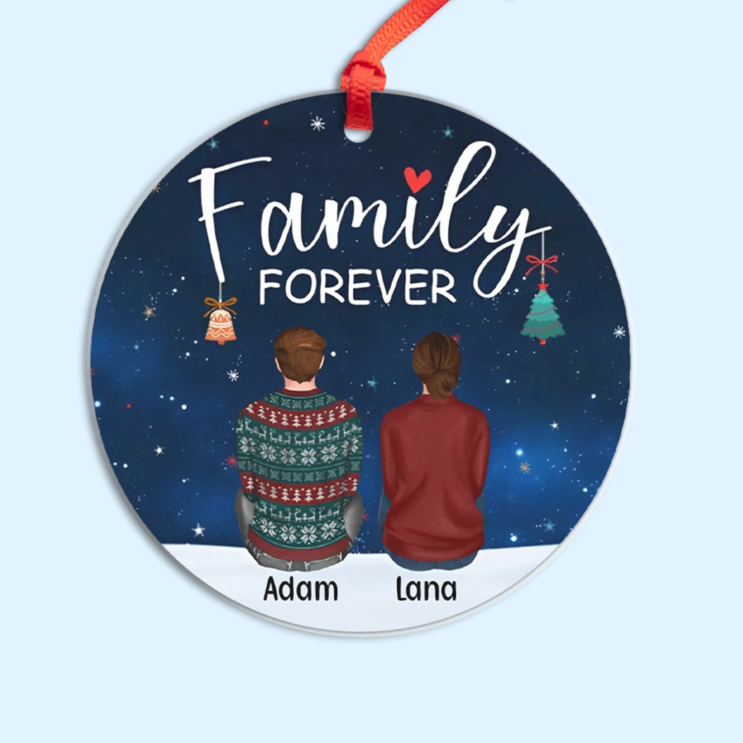 Personalized family ornaments featuring a round design with a couple sitting under a starry sky and text Family Forever