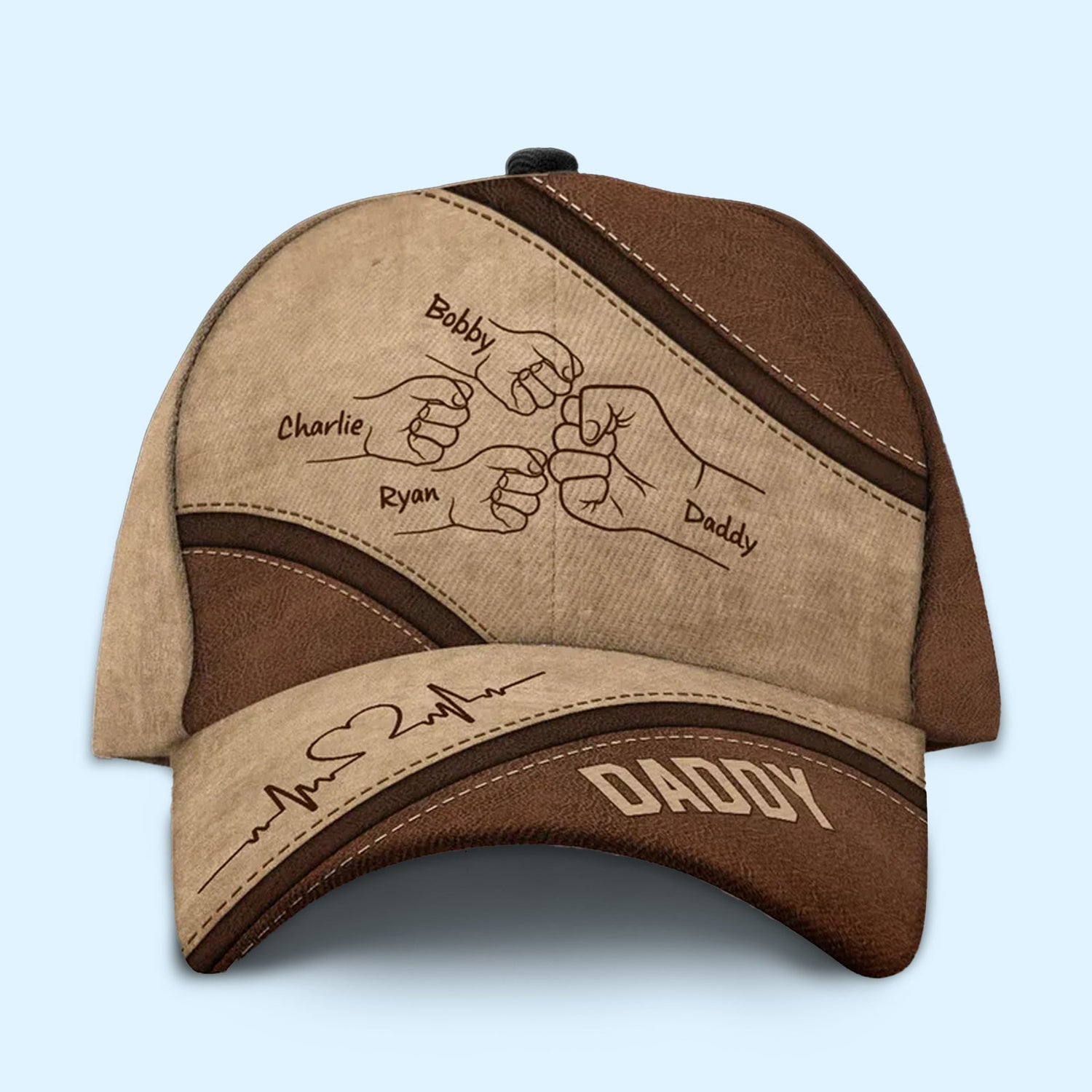 Brown personalized classic cap with custom names and fist bump graphic on front panel