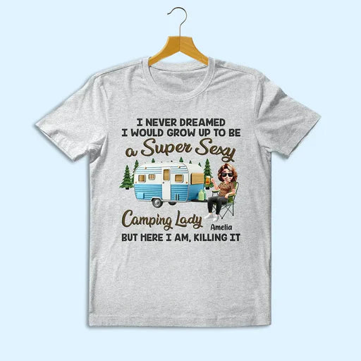 Gray personalized tops for gifts with camping lady design and motivational text on hanger