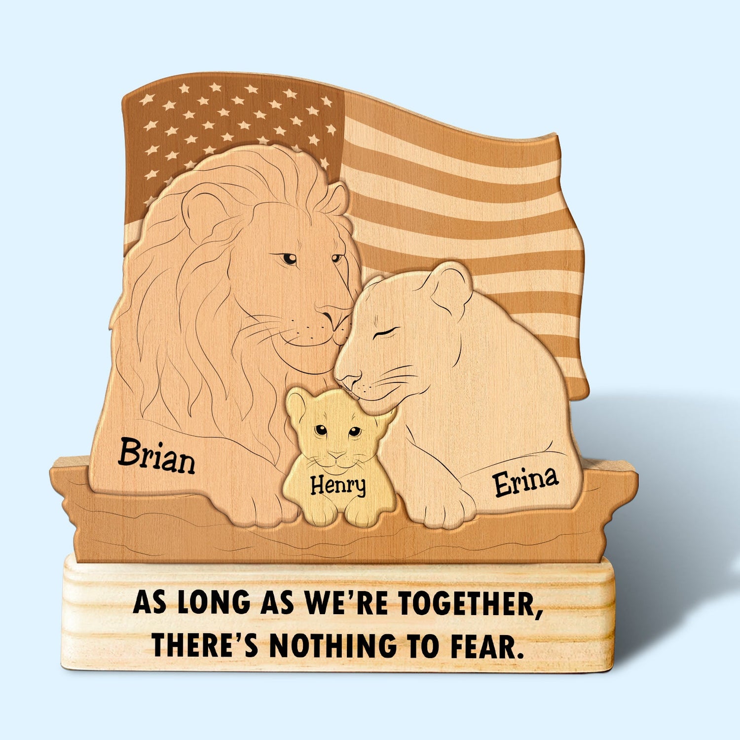 Personalized wooden puzzle featuring a lion family with names and a patriotic flag background