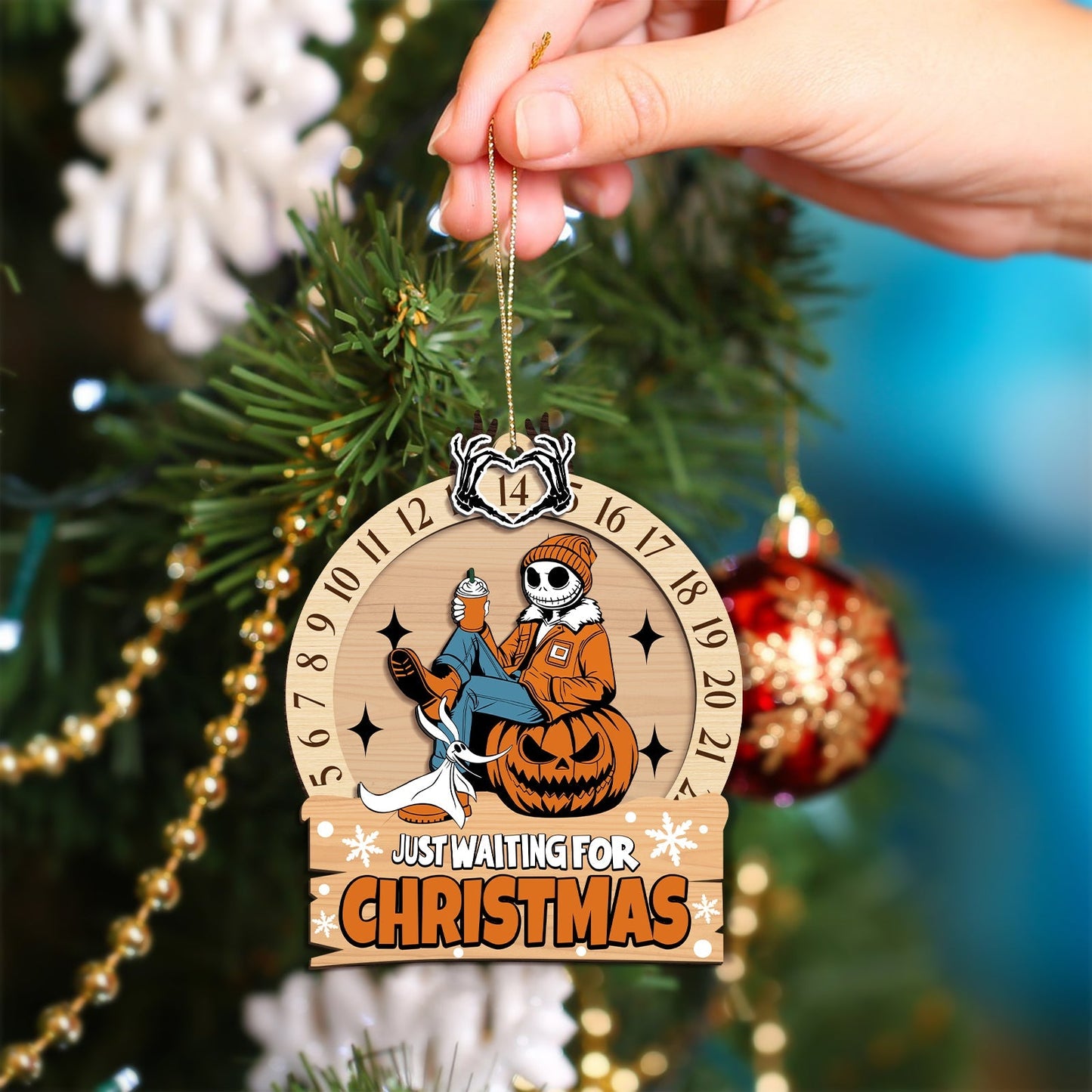 3-layered Grinch ornament for Christmas hanging on tree with skeleton character and pumpkin design