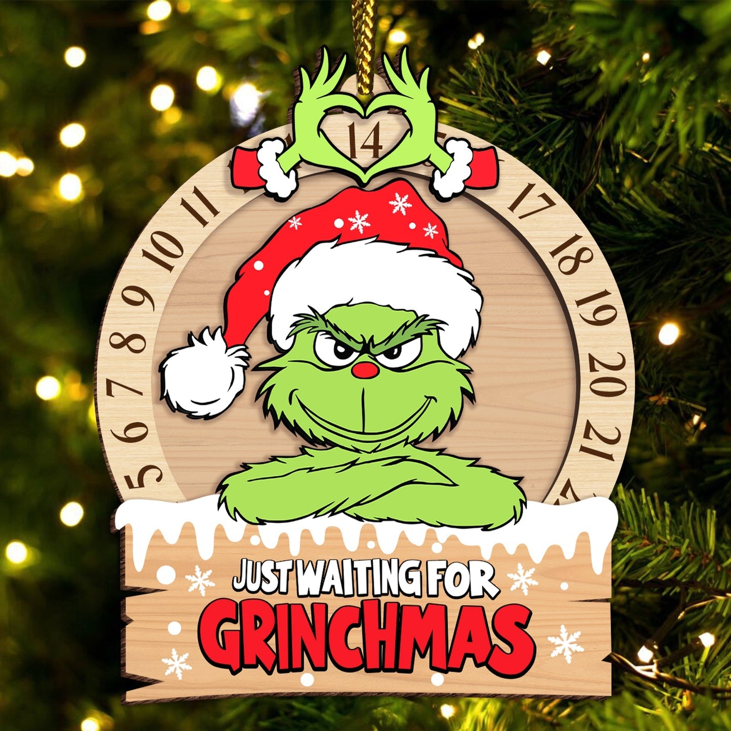 3-layered Grinch ornament for Christmas with Grinch in Santa hat and countdown calendar