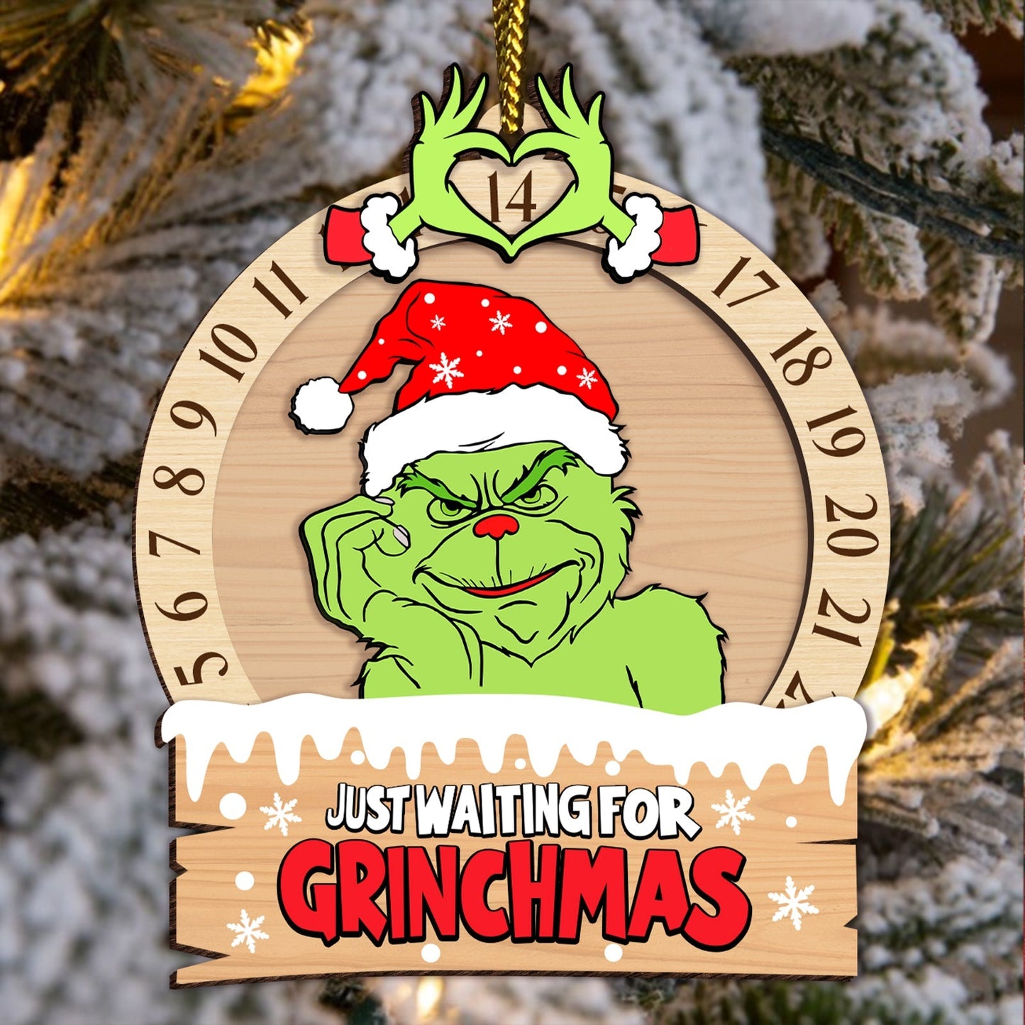 3-layered Grinch ornament for Christmas with Grinch in Santa hat and countdown calendar design