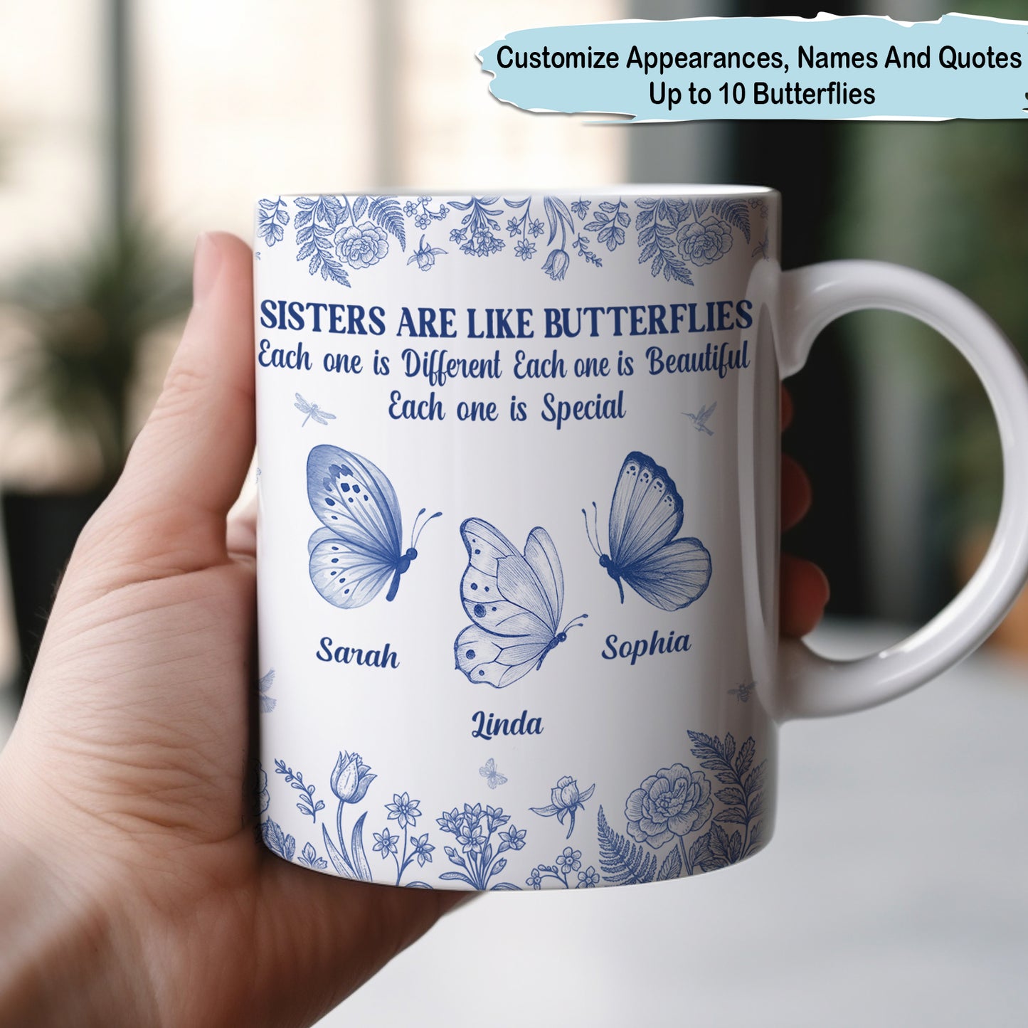 white ceramic mug with blue butterflies floral design and names Sarah Linda Sophia personalized gift for friends and sisters