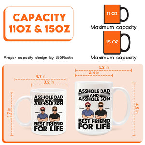 White 11oz and 15oz ceramic mug set showing asshole dad and son gift design with cartoon duo and measurements
