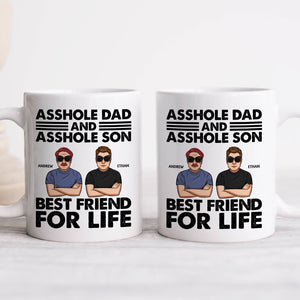 Pair of white ceramic mugs with cartoon dad and son Andrew and Ethan featuring asshole dad and son gift best friend for life