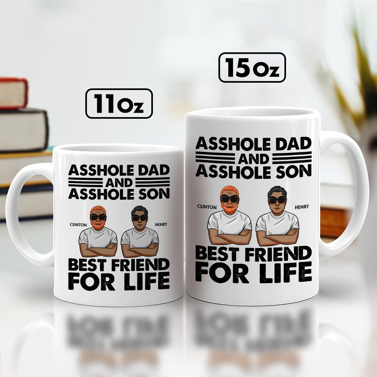 White 11oz and 15oz ceramic mugs with cartoon dad and son design asshole dad and son gift