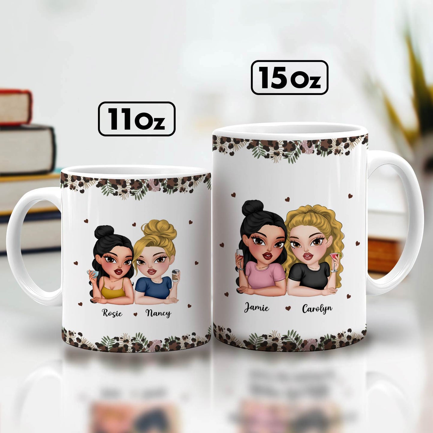 Personalized 11oz and 15oz white mugs showing cartoon best friends with names and floral border custom bestie coffee cup gift