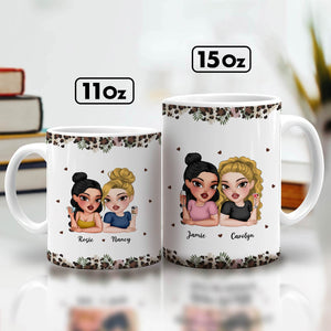 Personalized 11oz and 15oz white mugs showing cartoon best friends with names and floral border custom bestie coffee cup gift