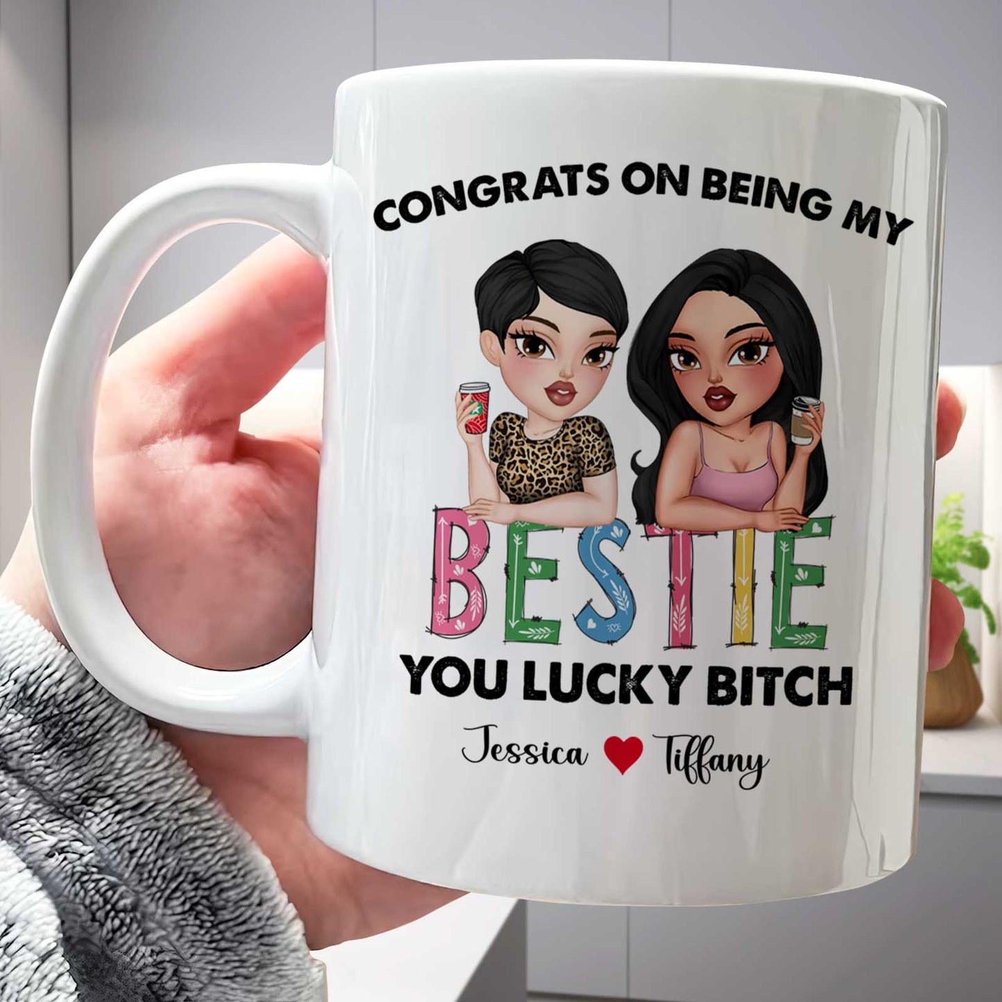 365Gifty white ceramic mug with cartoon two women and Congrats on Being My Bestie design custom bestie gift