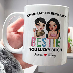 365Gifty white ceramic mug with cartoon two women and Congrats on Being My Bestie design custom bestie gift
