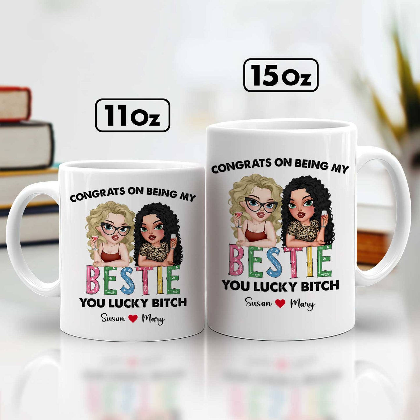 365Gifty custom bestie gift two white ceramic mugs 11oz and 15oz printed with cartoon bestie duo names Susan and Mary