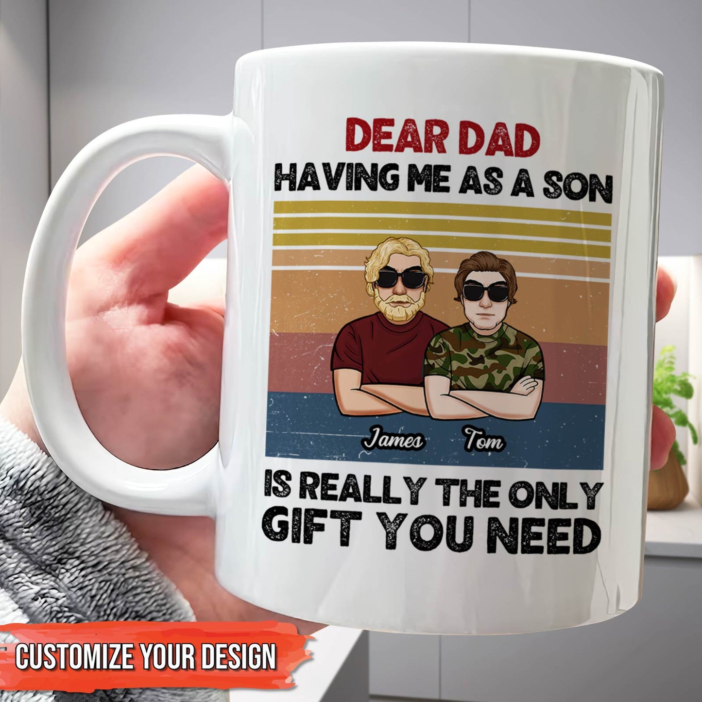 365Gifty custom family gift mug white ceramic mug with retro stripes and illustrated sons James and Tom