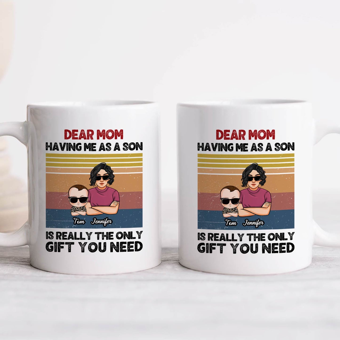 Two white custom family gift mug featuring retro stripes and cartoon mom and son with names