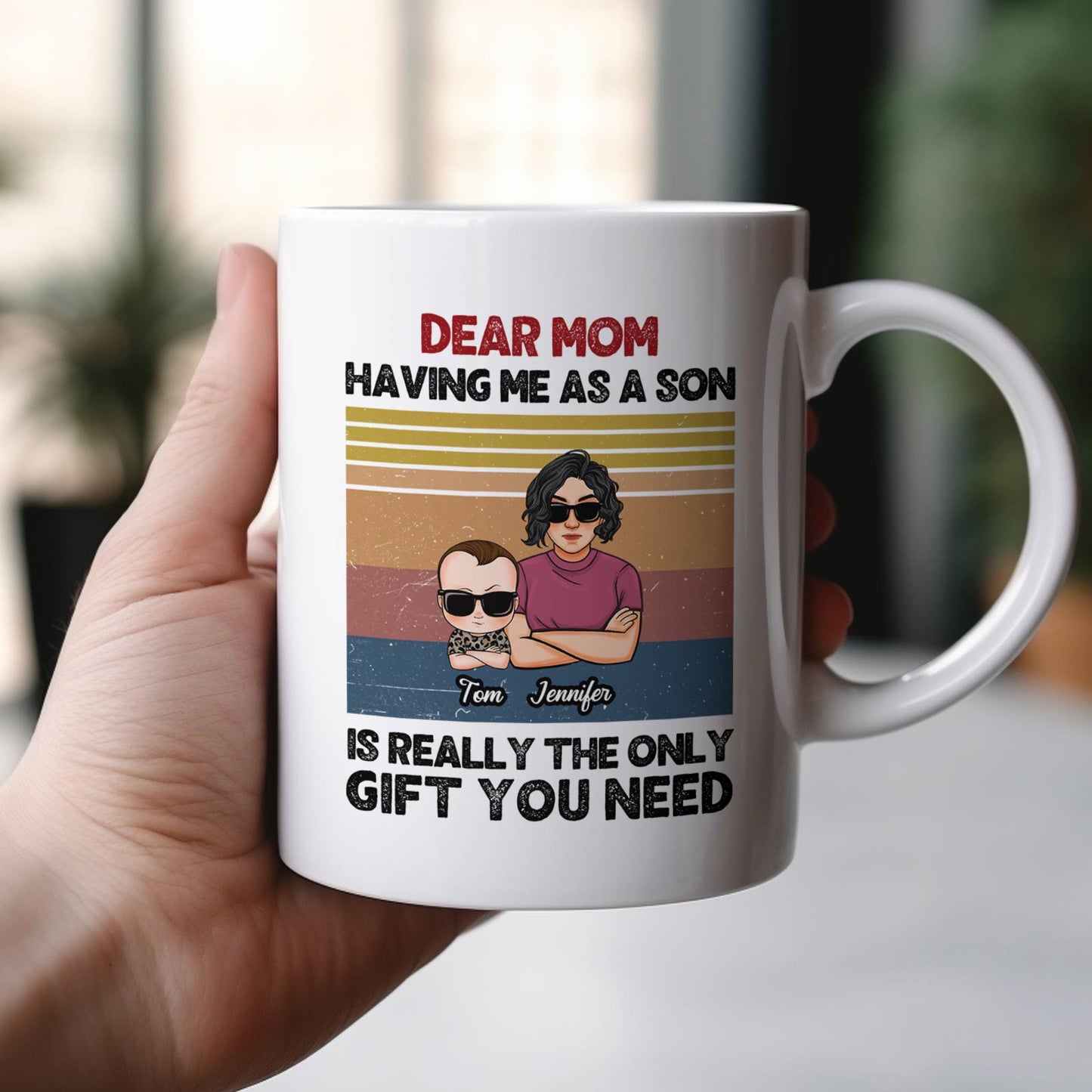 365Gifty custom family gift mug showing cartoon son and mom with retro stripes and Dear Mom text