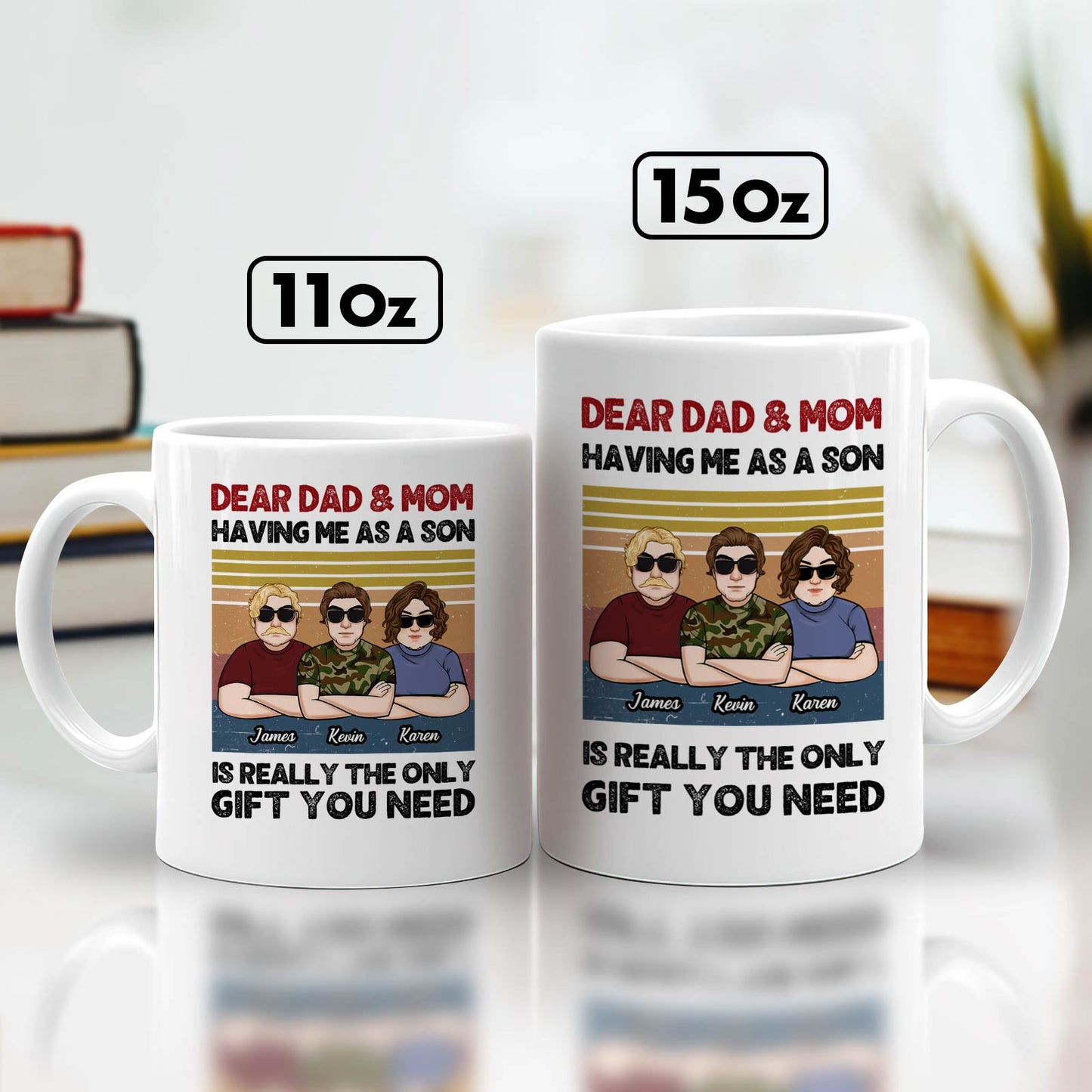 Two white custom family gift mug sizes 11oz and 15oz with personalized cartoon trio and sentimental message