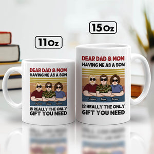 Two white custom family gift mug sizes 11oz and 15oz with personalized cartoon trio and sentimental message