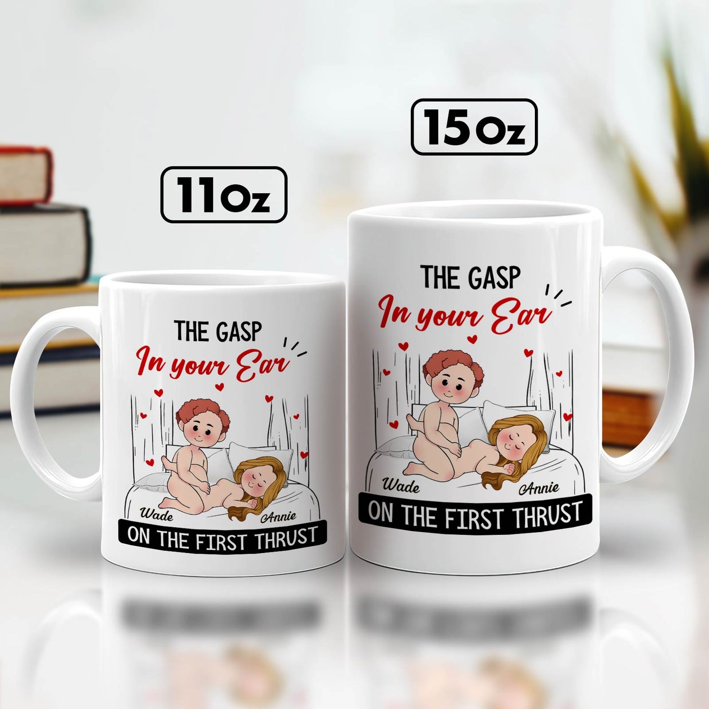 365Gifty custom first thrust mug gift set 11oz and 15oz with playful cartoon couple on bed