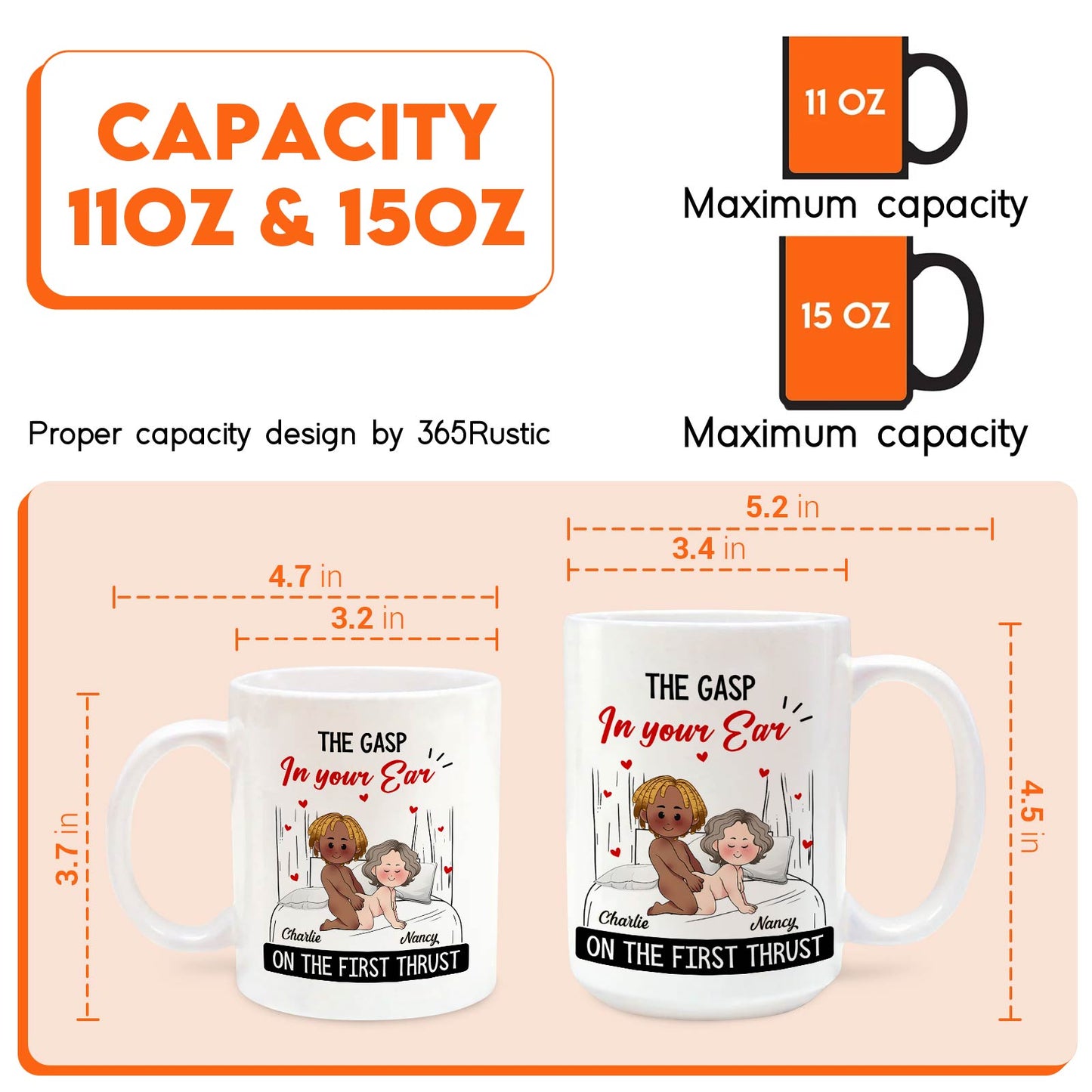 365Gifty white ceramic 11oz and 15oz mugs showing cartoon couple and text On the First Thrust custom first thrust mug gift