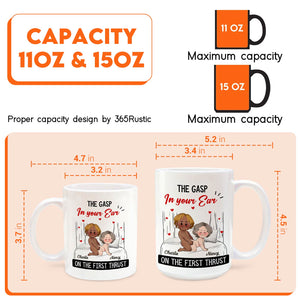 365Gifty white ceramic 11oz and 15oz mugs showing cartoon couple and text On the First Thrust custom first thrust mug gift